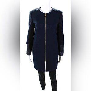 Club Monaco Wool Navy Coat with Black Leather Sleeves